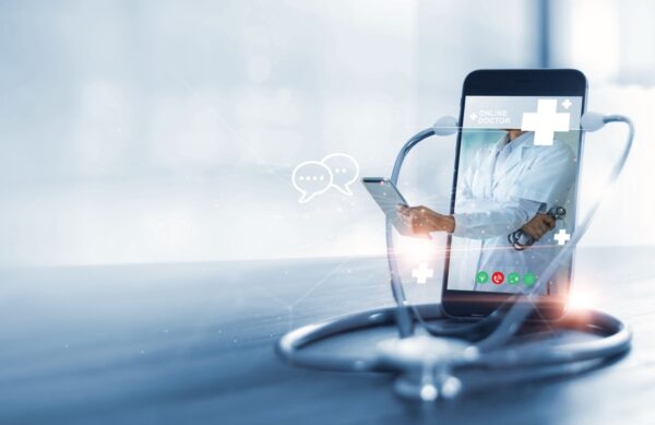Doctor online, online medical communication network with patient, Online medical consultation, Doctor through the phone screen using stethoscope checks and analysis health care, Medicine technology.