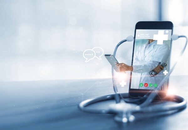 Doctor online, online medical communication network with patient, Online medical consultation, Doctor through the phone screen using stethoscope checks and analysis health care, Medicine technology.